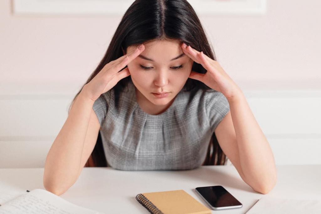 A young female employee showing signs of corporate burnout and workplace stress at her desk.