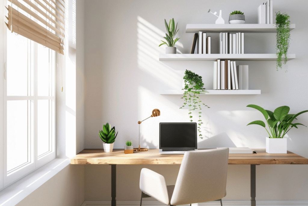 A clean, minimalist home office with a laptop on a wooden desk, bathed in bright natural light from a window.