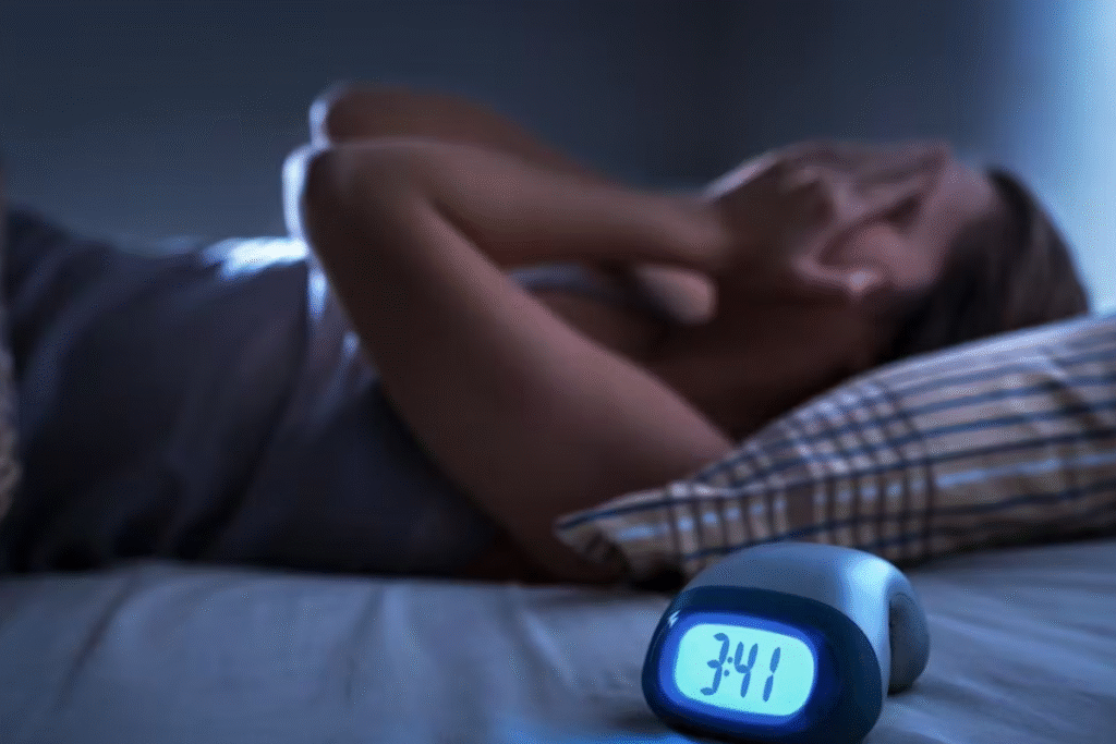 A digital alarm clock on a nightstand reads 3:41 AM, with a person in the background lying awake in bed and covering their face in frustration.