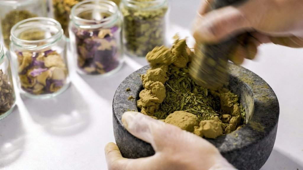 Botanical ingredients being mixed by hand for a natural facial