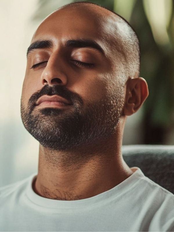 A man sitting with eyes closed in calm, focused breathing during mindfulness-based counselling